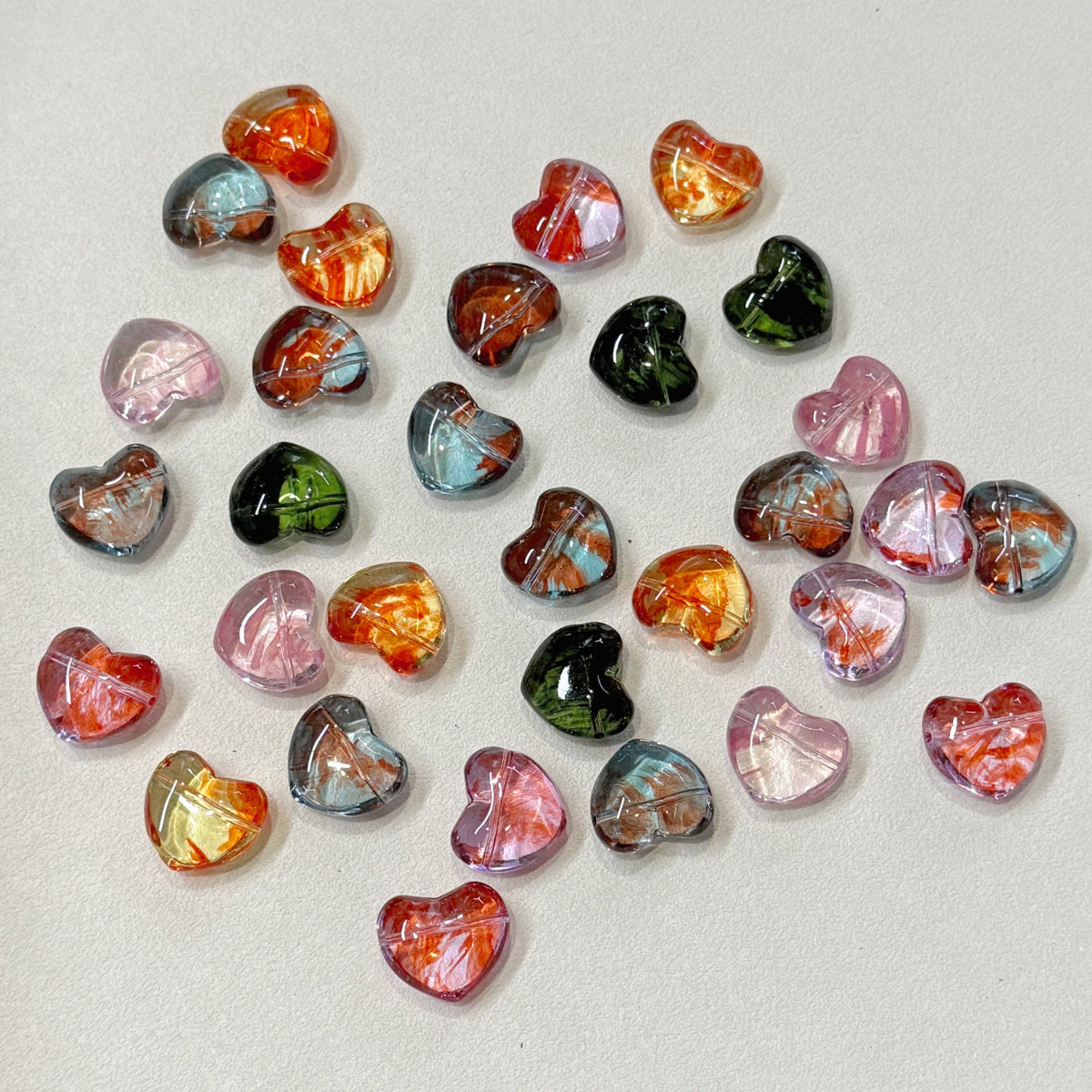 ✨【NEW】Puffy Heart | Brush‑Streaked Horizontal Hole Heart Glass Beads For DIY Bracelet