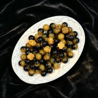 ✨【NEW】Amber Grove | 12mm Round Bodhi Beads With Carved Bunny & Four‑Leaf Flower Bodhi Beads